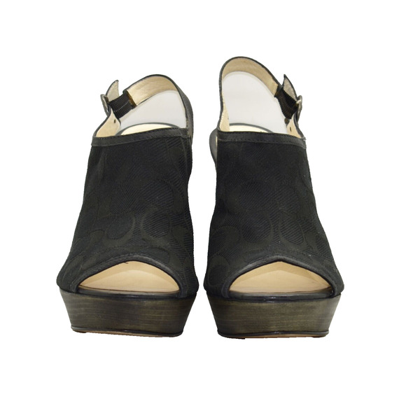 B0 Auth COACH Janet Black Signature Jacquard Hi Heel Wedge Sandal Shoes Sz 8.5M - Picture 5 of 8